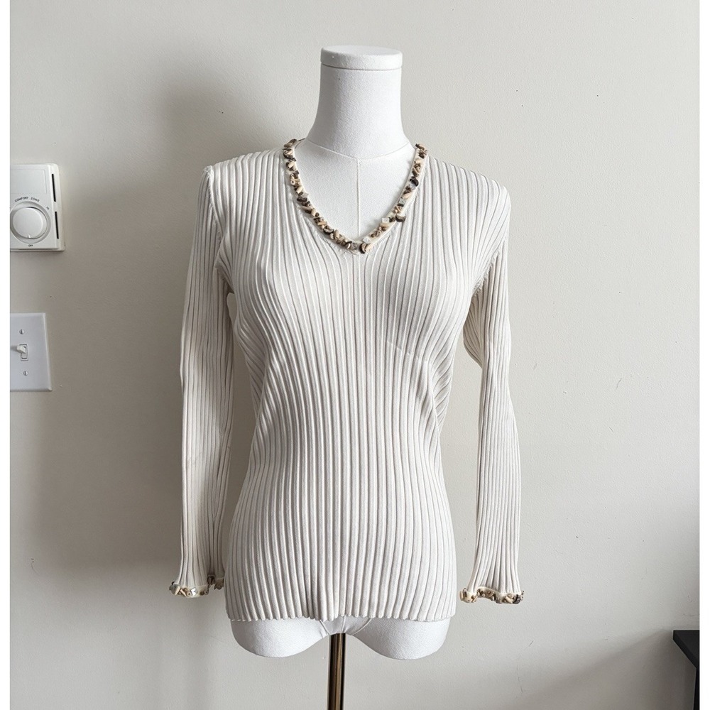 Vintage Y2K Silk Slim Fit Long SleeveTop Cache Medium Beach‎ Boho 2000s Beige